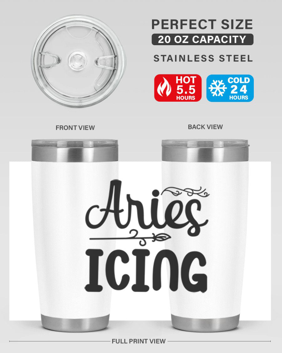 Ariesicing 106# Zodiac Tumbler in stainless steel with a vibrant zodiac design, perfect for hot and cold beverages.