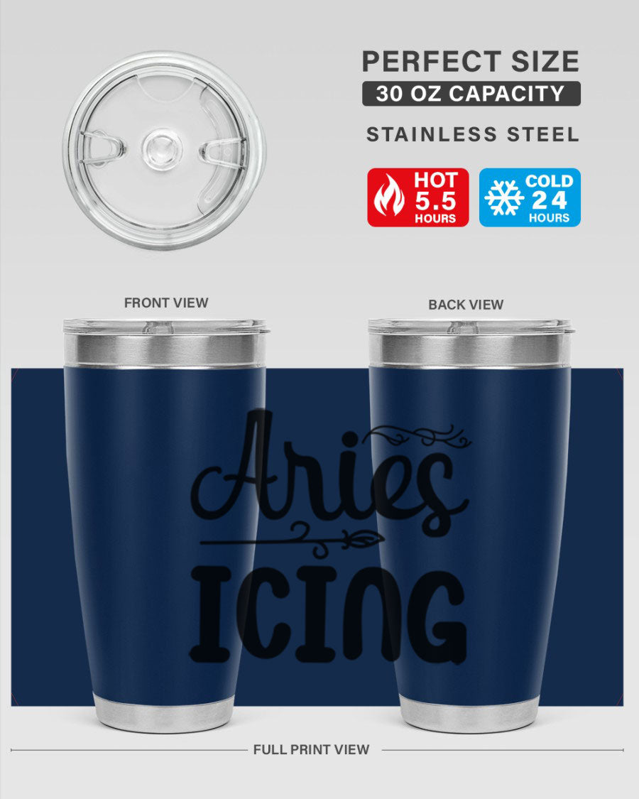 Ariesicing 106# Zodiac Tumbler in stainless steel with a vibrant zodiac design, perfect for hot and cold beverages.