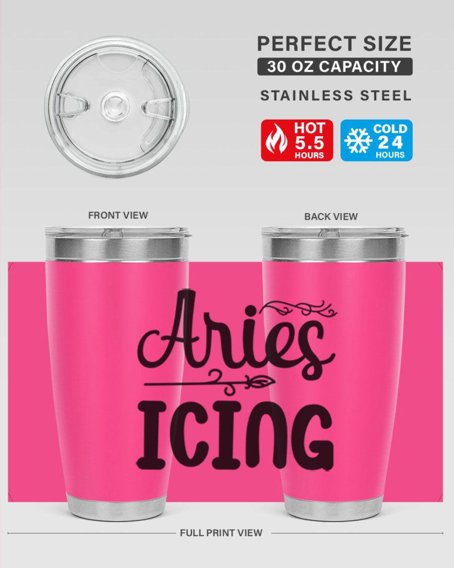 Ariesicing 106# Zodiac Tumbler in stainless steel with a vibrant zodiac design, perfect for hot and cold beverages.