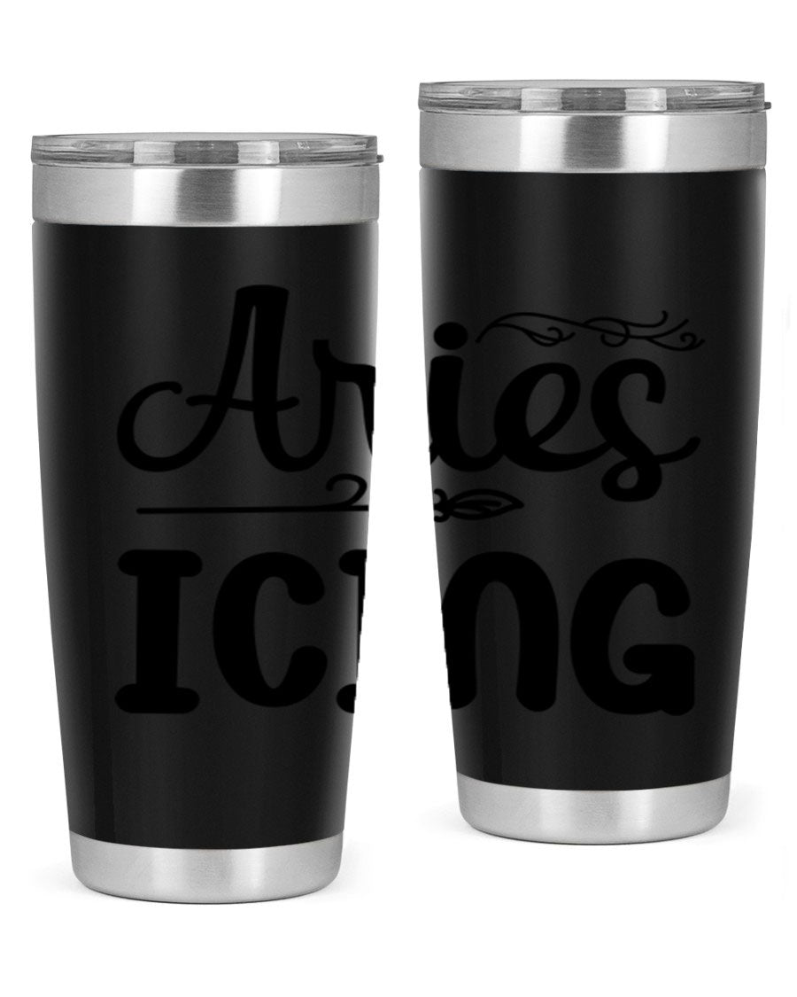 Ariesicing 106# Zodiac Tumbler in stainless steel with a vibrant zodiac design, perfect for hot and cold beverages.