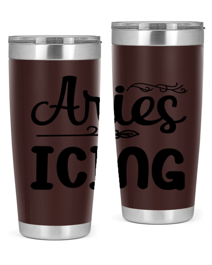 Ariesicing 106# Zodiac Tumbler in stainless steel with a vibrant zodiac design, perfect for hot and cold beverages.