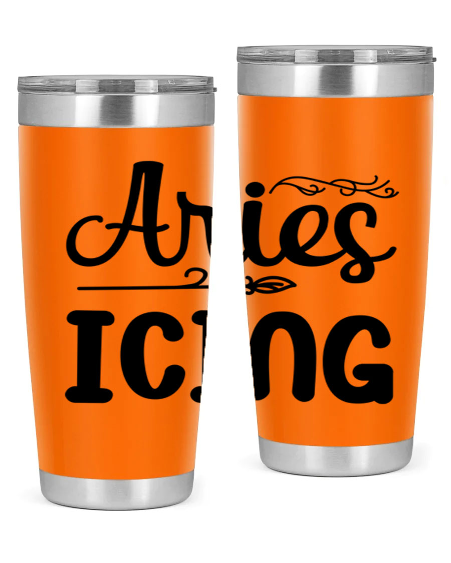 Ariesicing 106# Zodiac Tumbler in stainless steel with a vibrant zodiac design, perfect for hot and cold beverages.