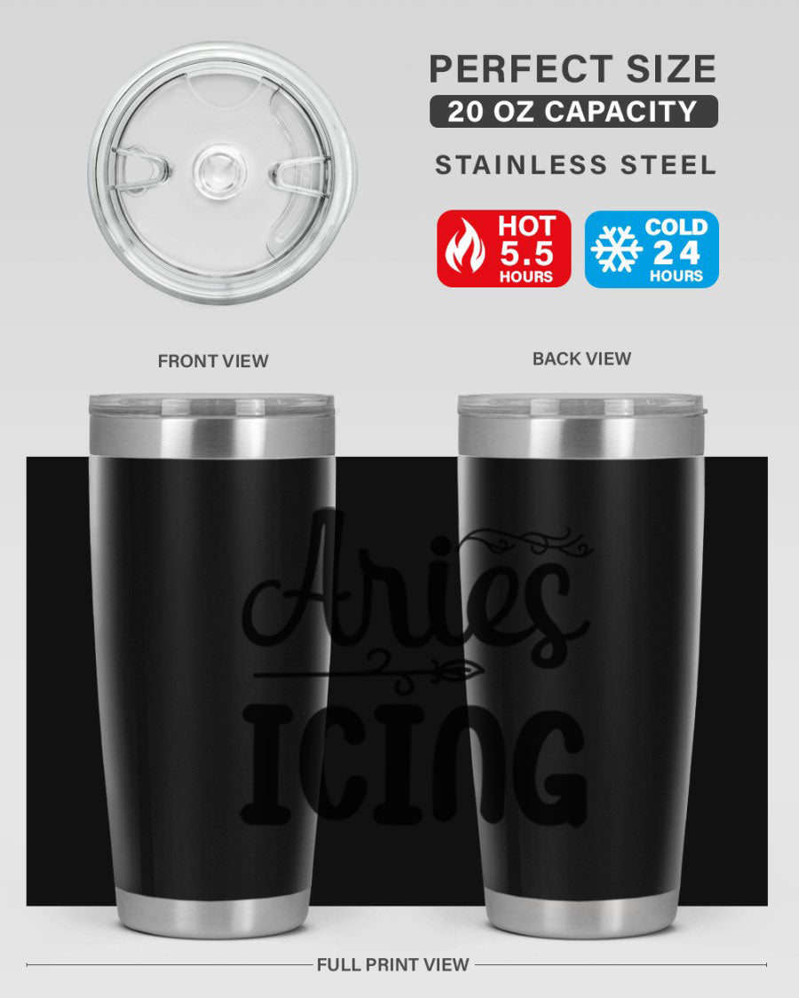 Ariesicing 106# Zodiac Tumbler in stainless steel with a vibrant zodiac design, perfect for hot and cold beverages.