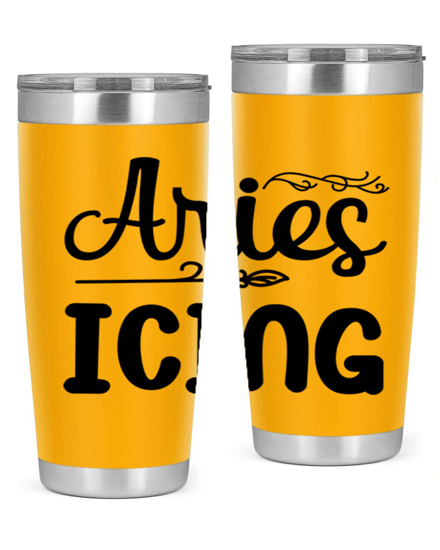 Ariesicing 106# Zodiac Tumbler in stainless steel with a vibrant zodiac design, perfect for hot and cold beverages.