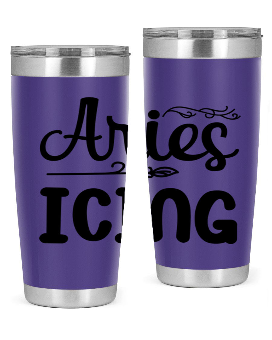 Ariesicing 106# Zodiac Tumbler in stainless steel with a vibrant zodiac design, perfect for hot and cold beverages.