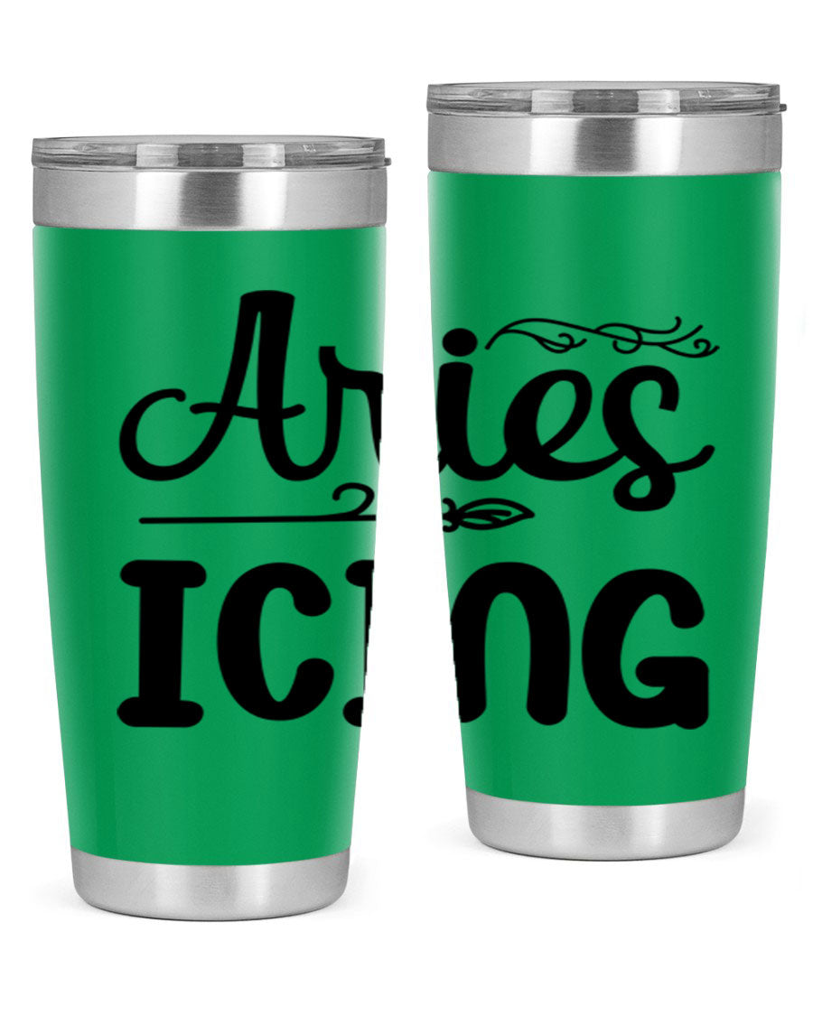 Ariesicing 106# Zodiac Tumbler in stainless steel with a vibrant zodiac design, perfect for hot and cold beverages.