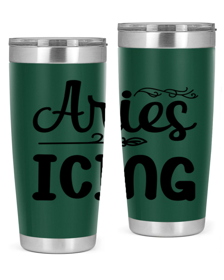 Ariesicing 106# Zodiac Tumbler in stainless steel with a vibrant zodiac design, perfect for hot and cold beverages.