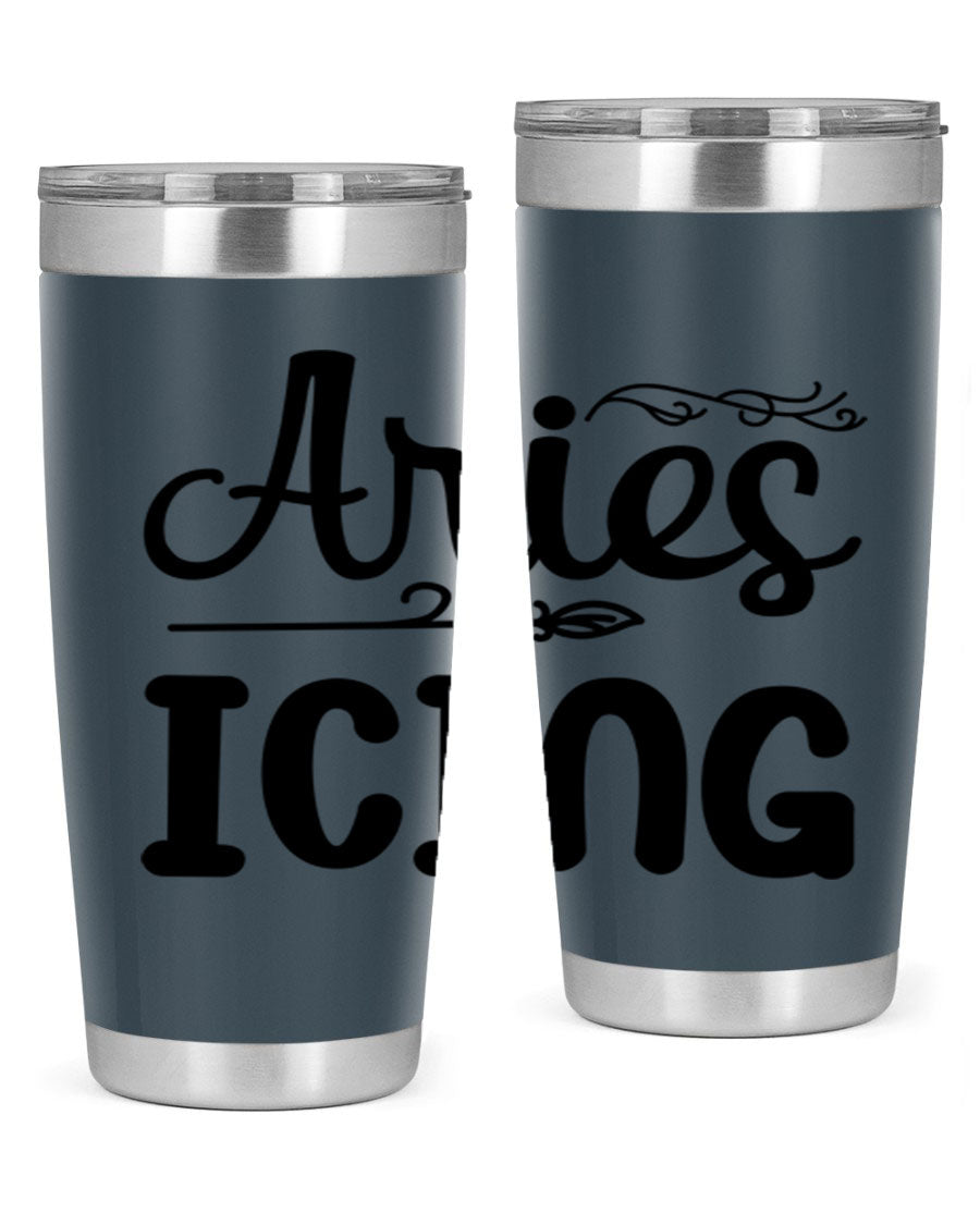 Ariesicing 106# Zodiac Tumbler in stainless steel with a vibrant zodiac design, perfect for hot and cold beverages.