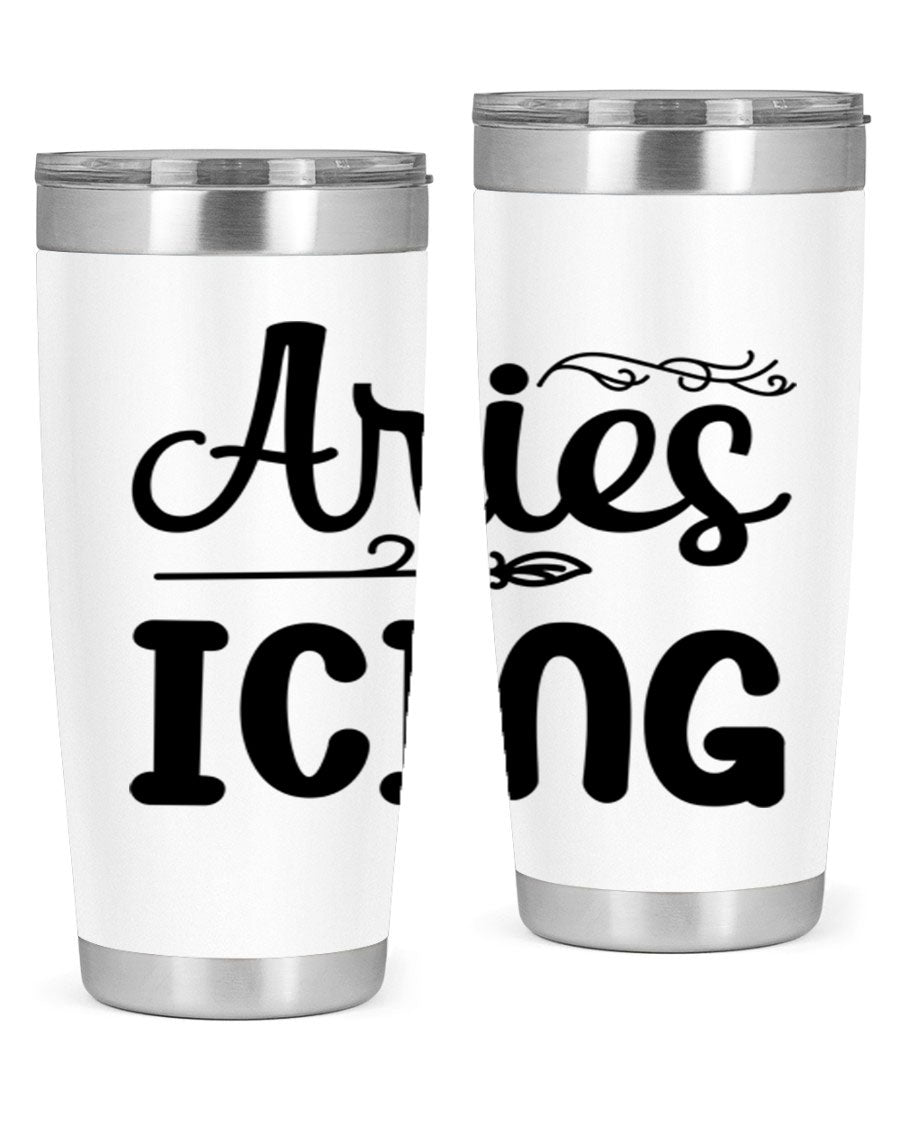 Ariesicing 106# Zodiac Tumbler in stainless steel with a vibrant zodiac design, perfect for hot and cold beverages.