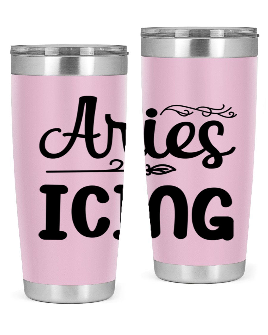 Ariesicing 106# Zodiac Tumbler in stainless steel with a vibrant zodiac design, perfect for hot and cold beverages.