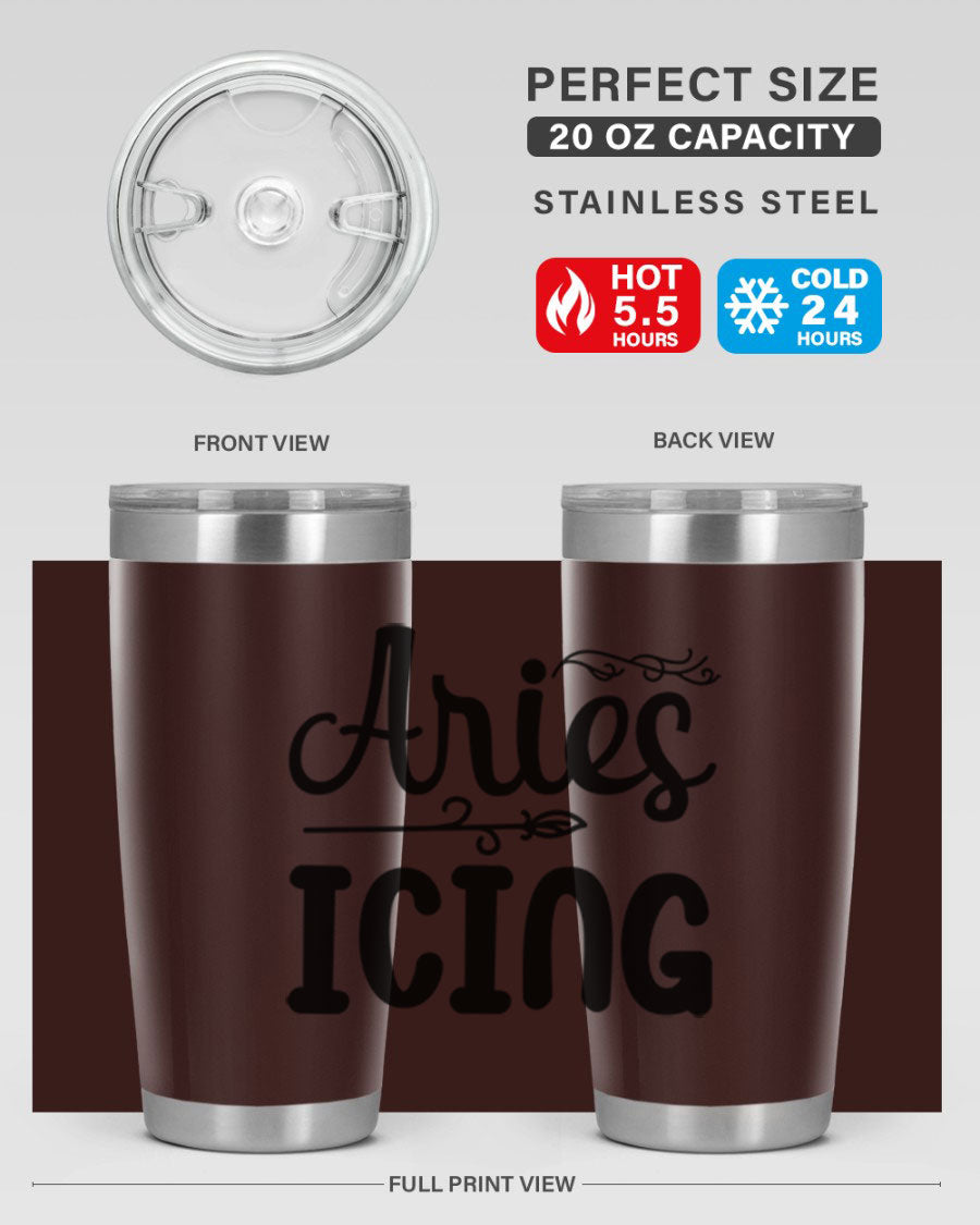 Ariesicing 106# Zodiac Tumbler in stainless steel with a vibrant zodiac design, perfect for hot and cold beverages.