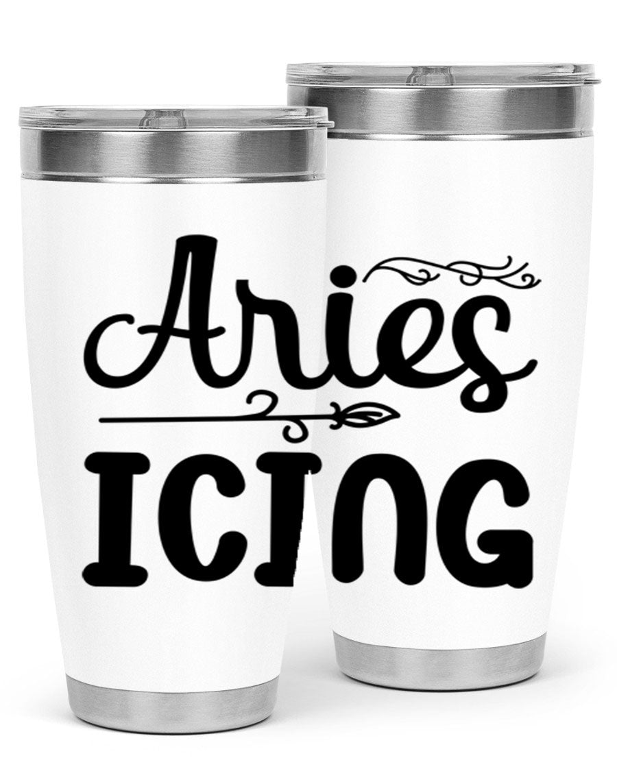 Ariesicing 106# Zodiac Tumbler in stainless steel with a vibrant zodiac design, perfect for hot and cold beverages.