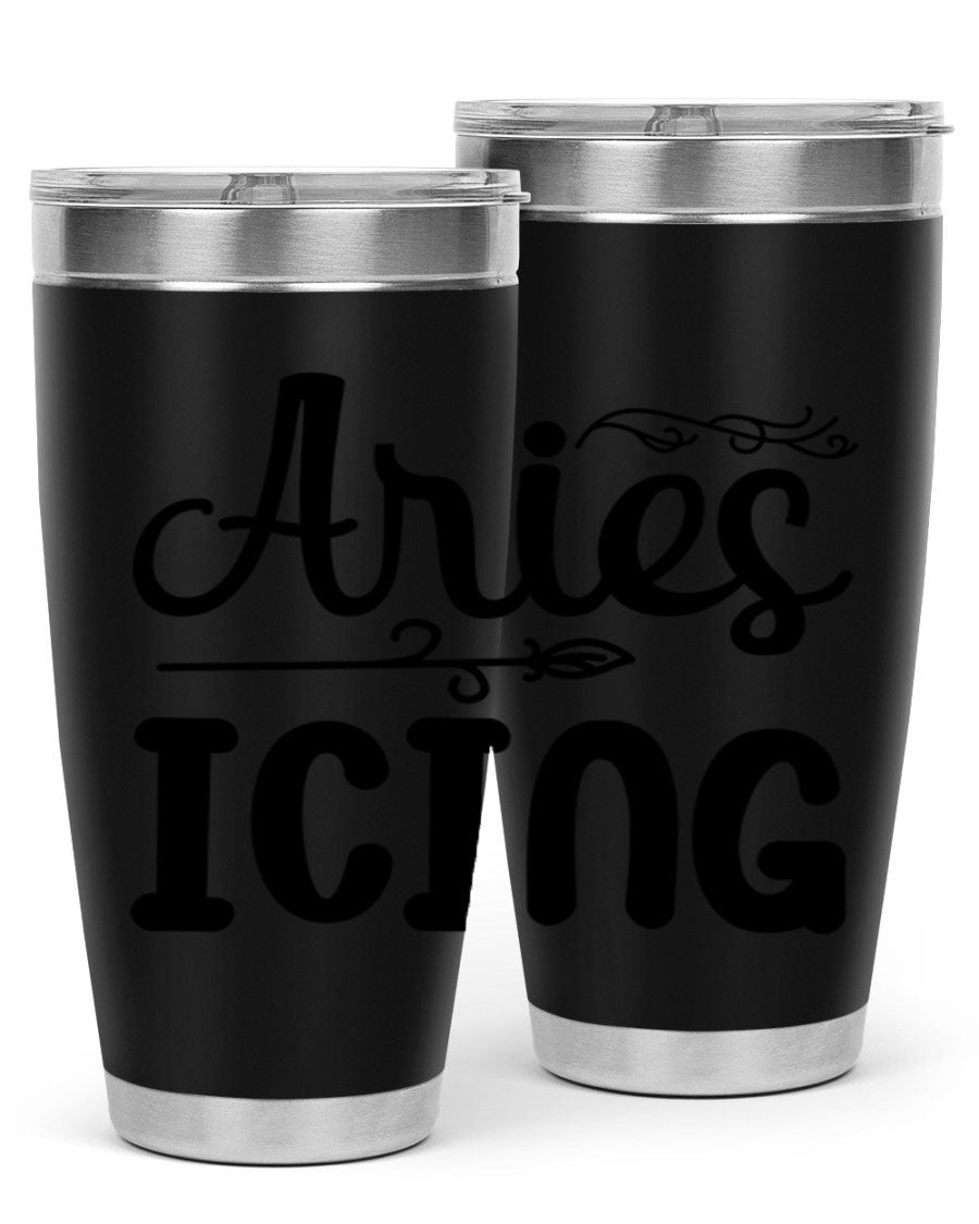 Ariesicing 106# Zodiac Tumbler in stainless steel with a vibrant zodiac design, perfect for hot and cold beverages.