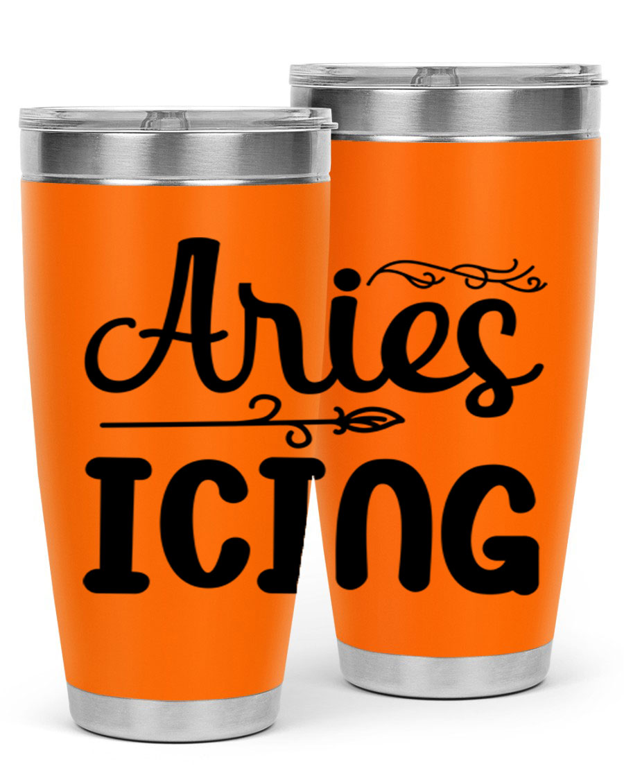 Ariesicing 106# Zodiac Tumbler in stainless steel with a vibrant zodiac design, perfect for hot and cold beverages.