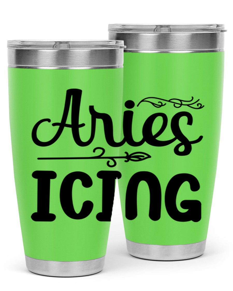 Ariesicing 106# Zodiac Tumbler in stainless steel with a vibrant zodiac design, perfect for hot and cold beverages.