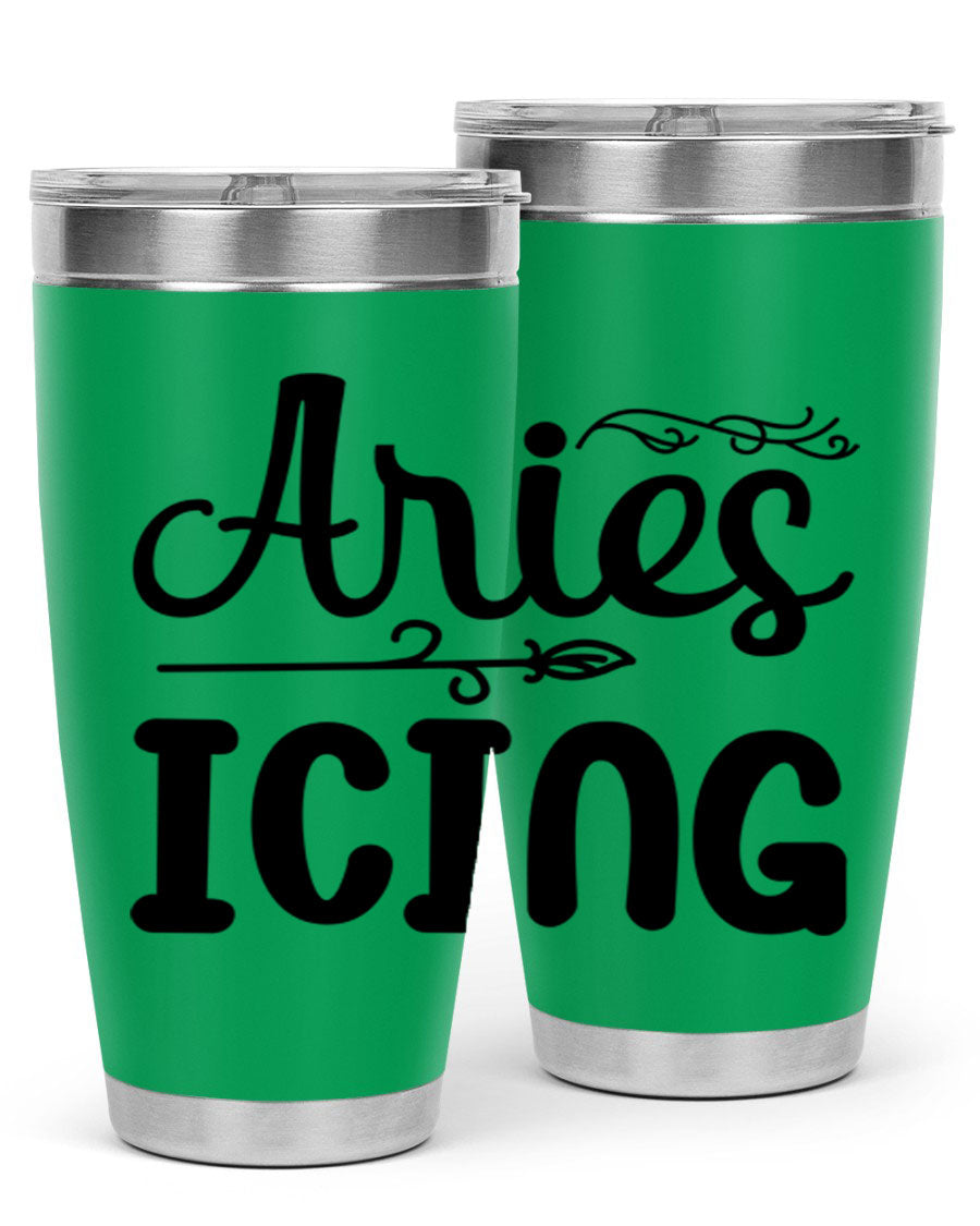 Ariesicing 106# Zodiac Tumbler in stainless steel with a vibrant zodiac design, perfect for hot and cold beverages.