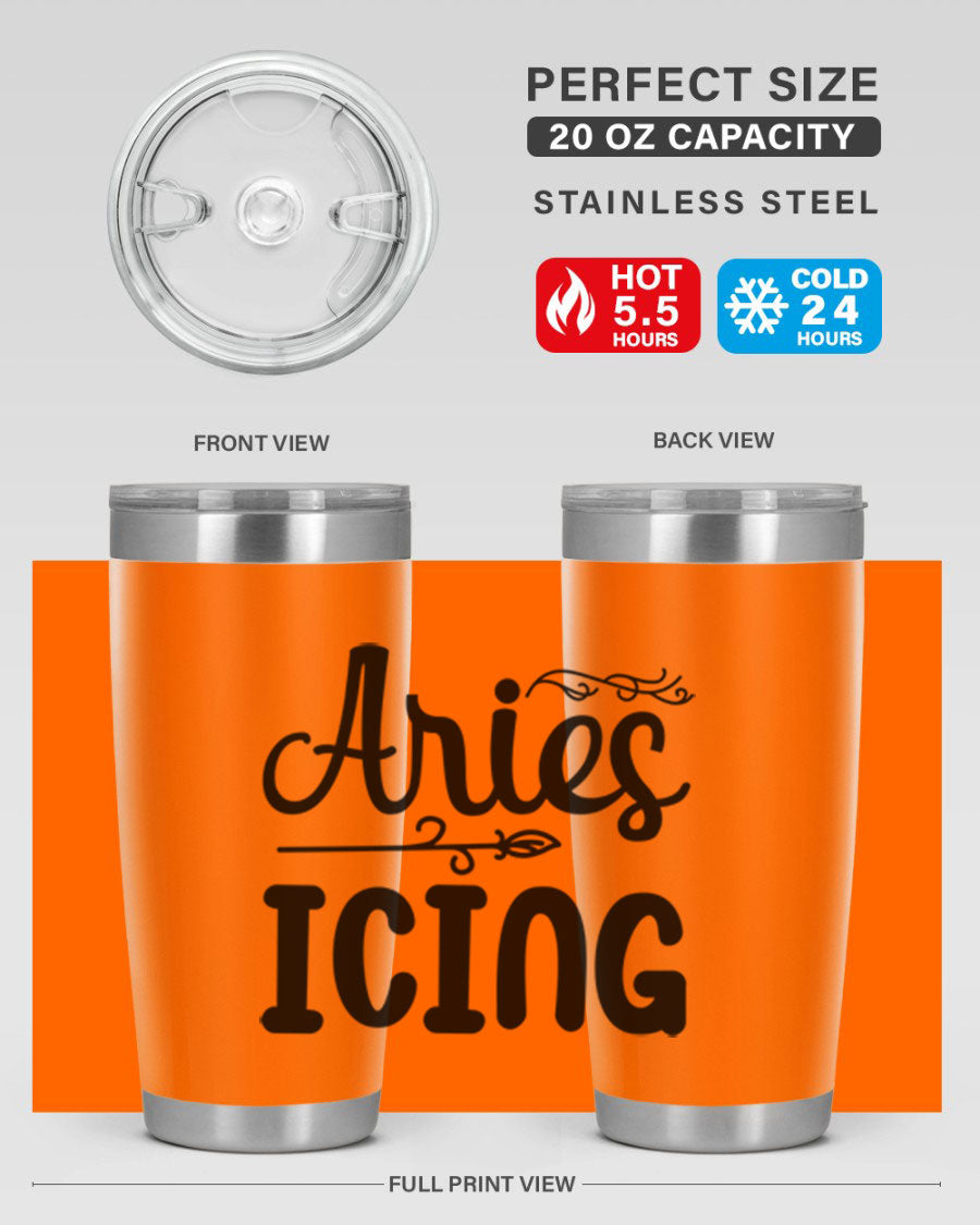 Ariesicing 106# Zodiac Tumbler in stainless steel with a vibrant zodiac design, perfect for hot and cold beverages.