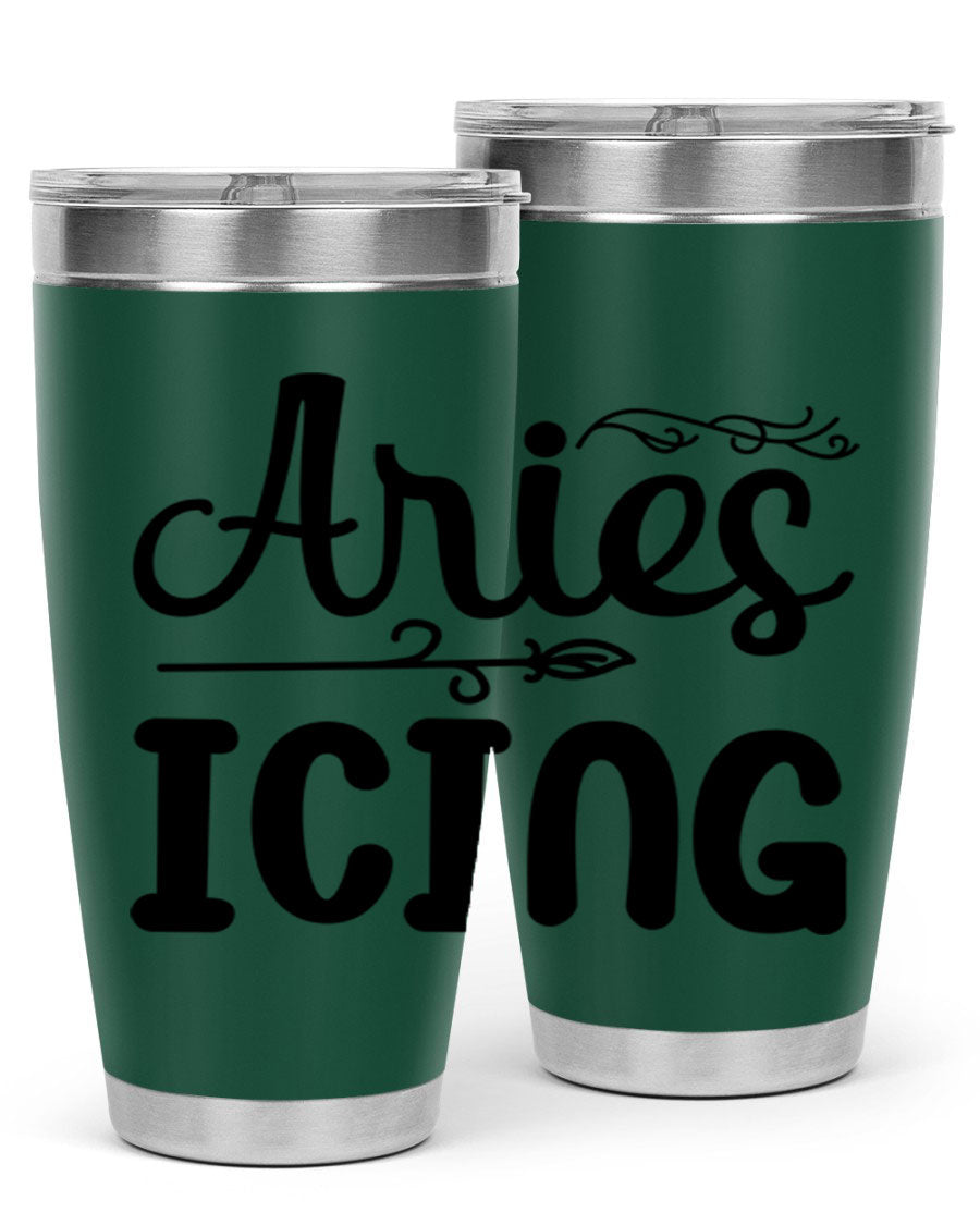 Ariesicing 106# Zodiac Tumbler in stainless steel with a vibrant zodiac design, perfect for hot and cold beverages.