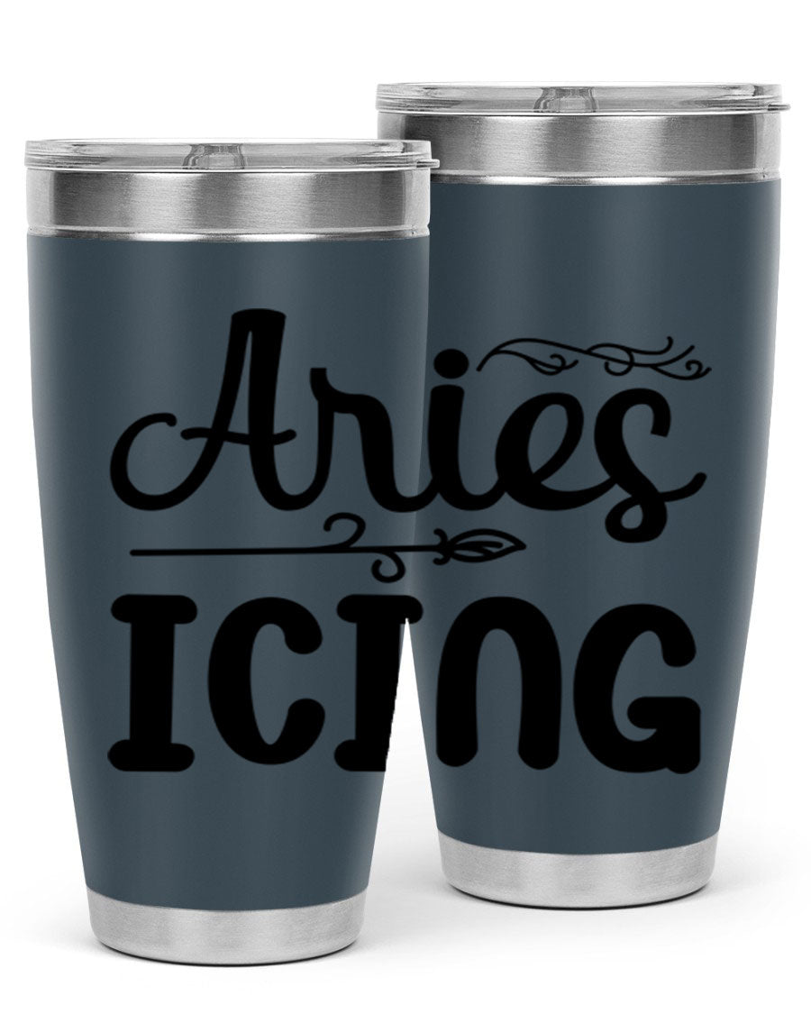 Ariesicing 106# Zodiac Tumbler in stainless steel with a vibrant zodiac design, perfect for hot and cold beverages.