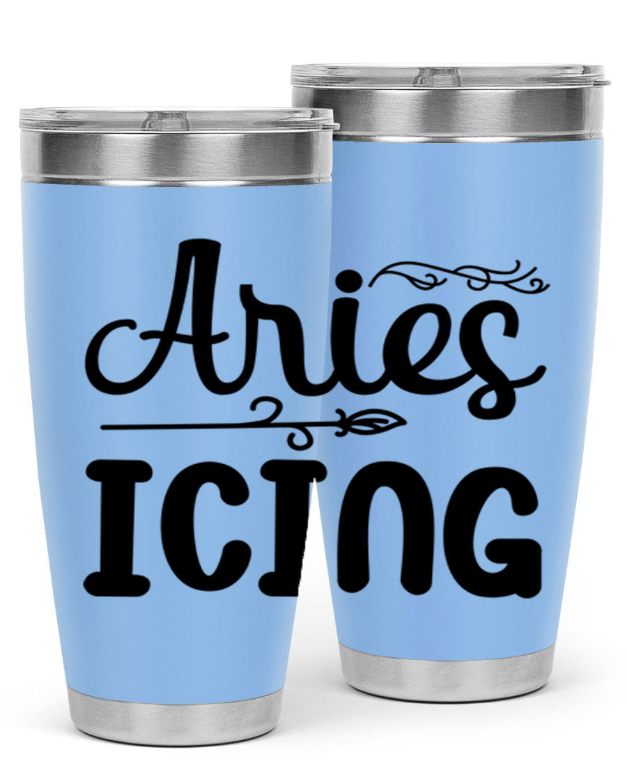 Ariesicing 106# Zodiac Tumbler in stainless steel with a vibrant zodiac design, perfect for hot and cold beverages.