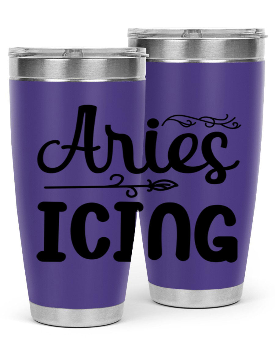 Ariesicing 106# Zodiac Tumbler in stainless steel with a vibrant zodiac design, perfect for hot and cold beverages.