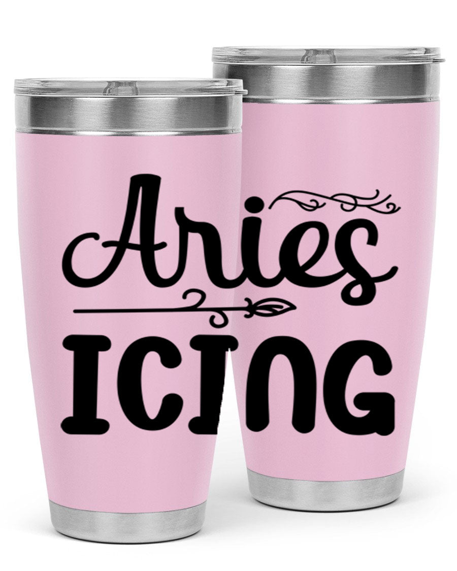 Ariesicing 106# Zodiac Tumbler in stainless steel with a vibrant zodiac design, perfect for hot and cold beverages.