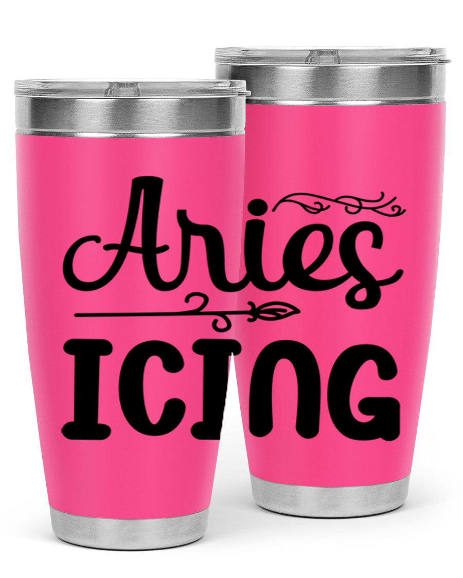 Ariesicing 106# Zodiac Tumbler in stainless steel with a vibrant zodiac design, perfect for hot and cold beverages.