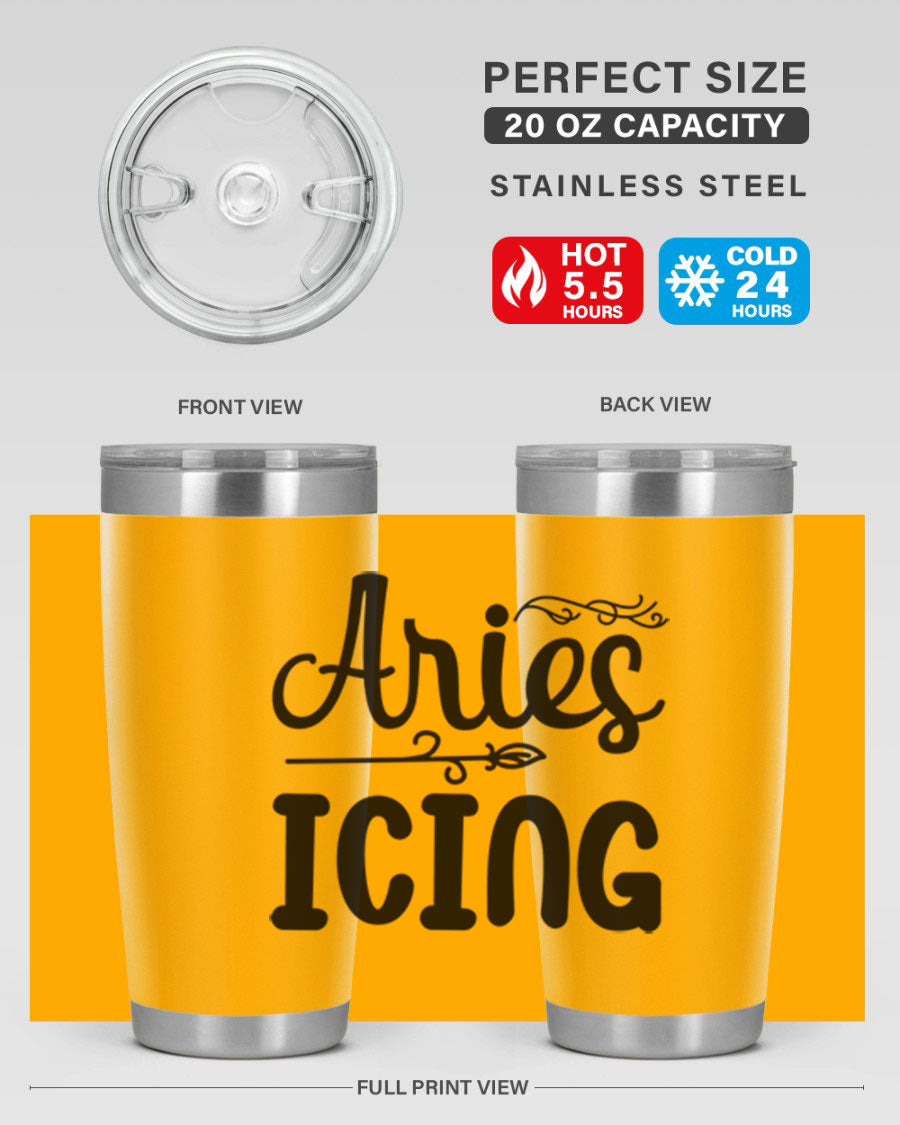 Ariesicing 106# Zodiac Tumbler in stainless steel with a vibrant zodiac design, perfect for hot and cold beverages.