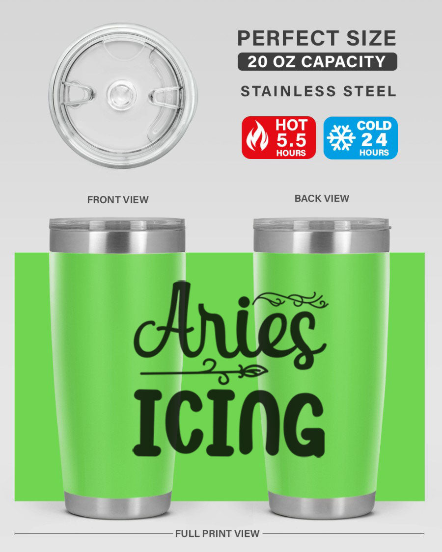 Ariesicing 106# Zodiac Tumbler in stainless steel with a vibrant zodiac design, perfect for hot and cold beverages.