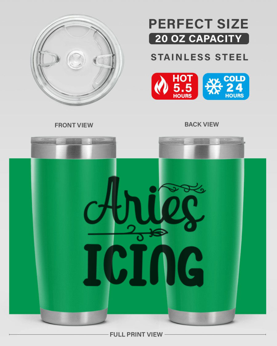 Ariesicing 106# Zodiac Tumbler in stainless steel with a vibrant zodiac design, perfect for hot and cold beverages.