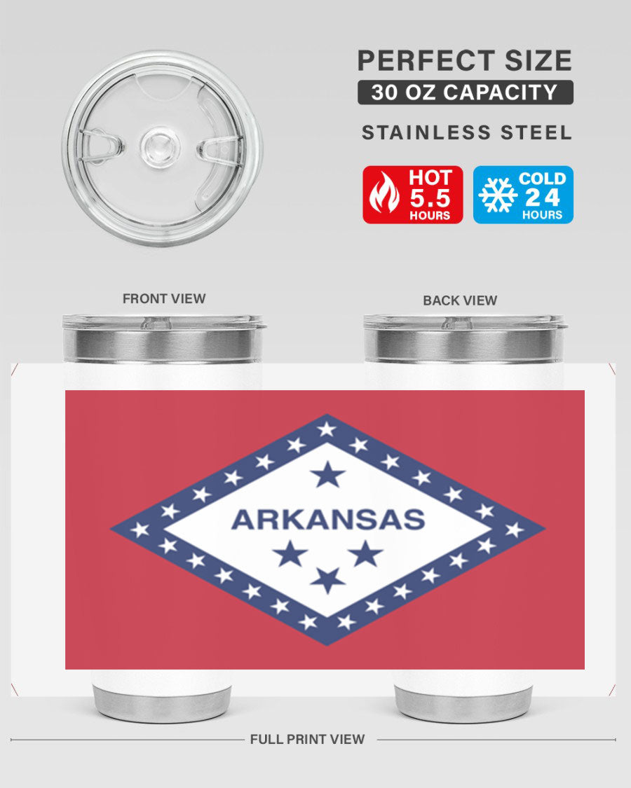 Arkansas 48# Tumbler showcasing double wall vacuum insulation and a press-in lid, perfect for hot and cold beverages.