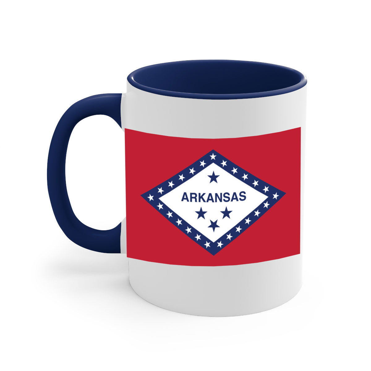 Arkansas 48# Mug featuring a glossy finish, colored handle, and interior, available in multiple colors and sizes.