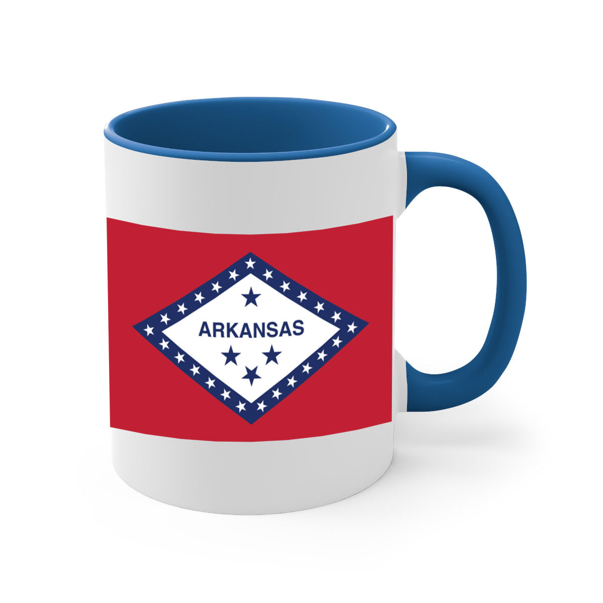 Arkansas 48# Mug featuring a glossy finish, colored handle, and interior, available in multiple colors and sizes.