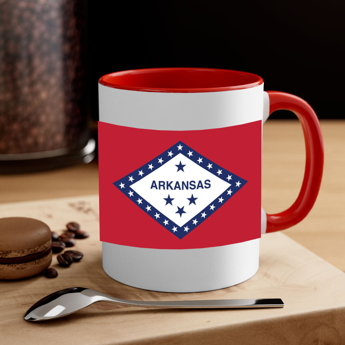 Arkansas 48# Mug featuring a glossy finish, colored handle, and interior, available in multiple colors and sizes.