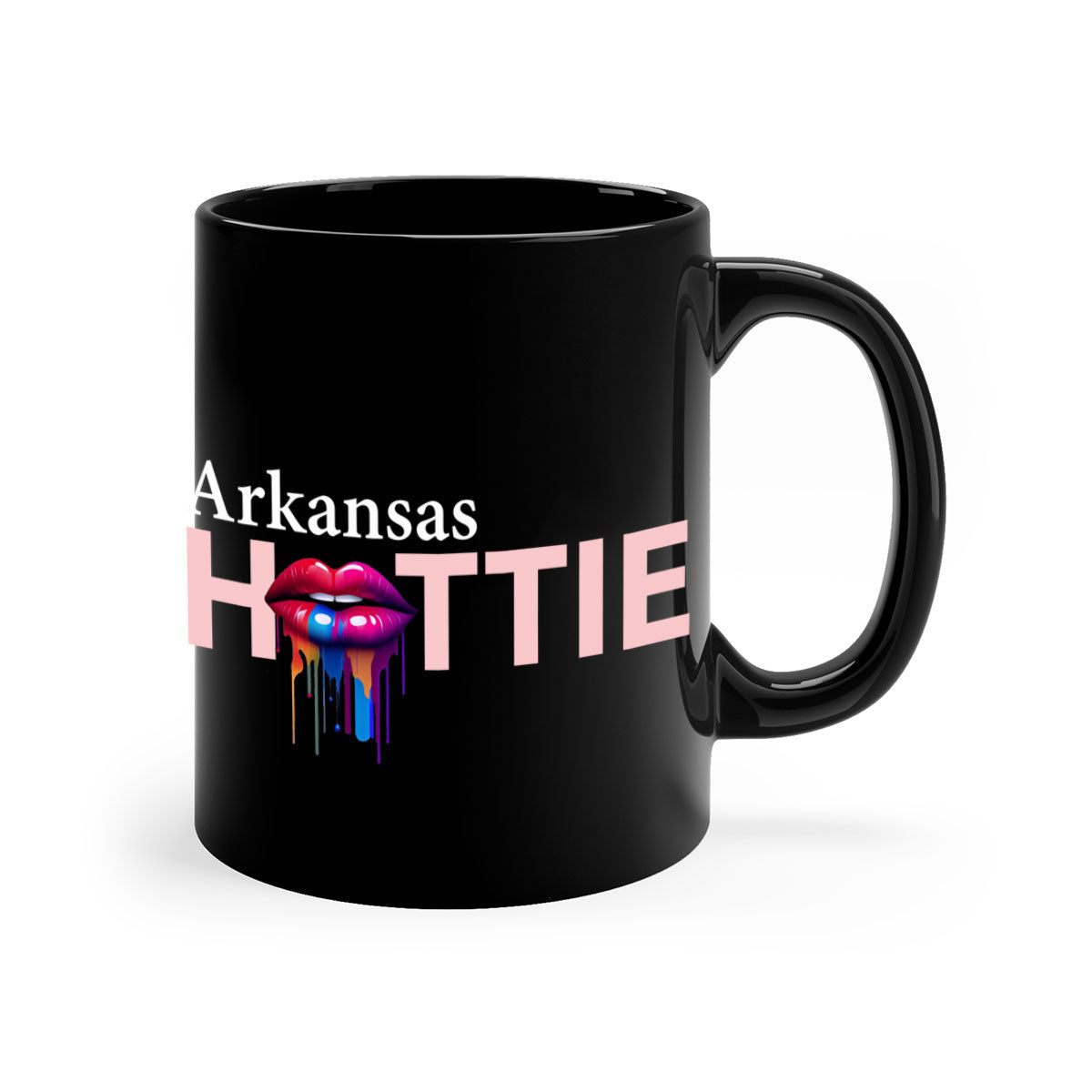 Arkansas Hottie Mug with dripping lips design, featuring a glossy finish and colorful handle, available in multiple sizes.