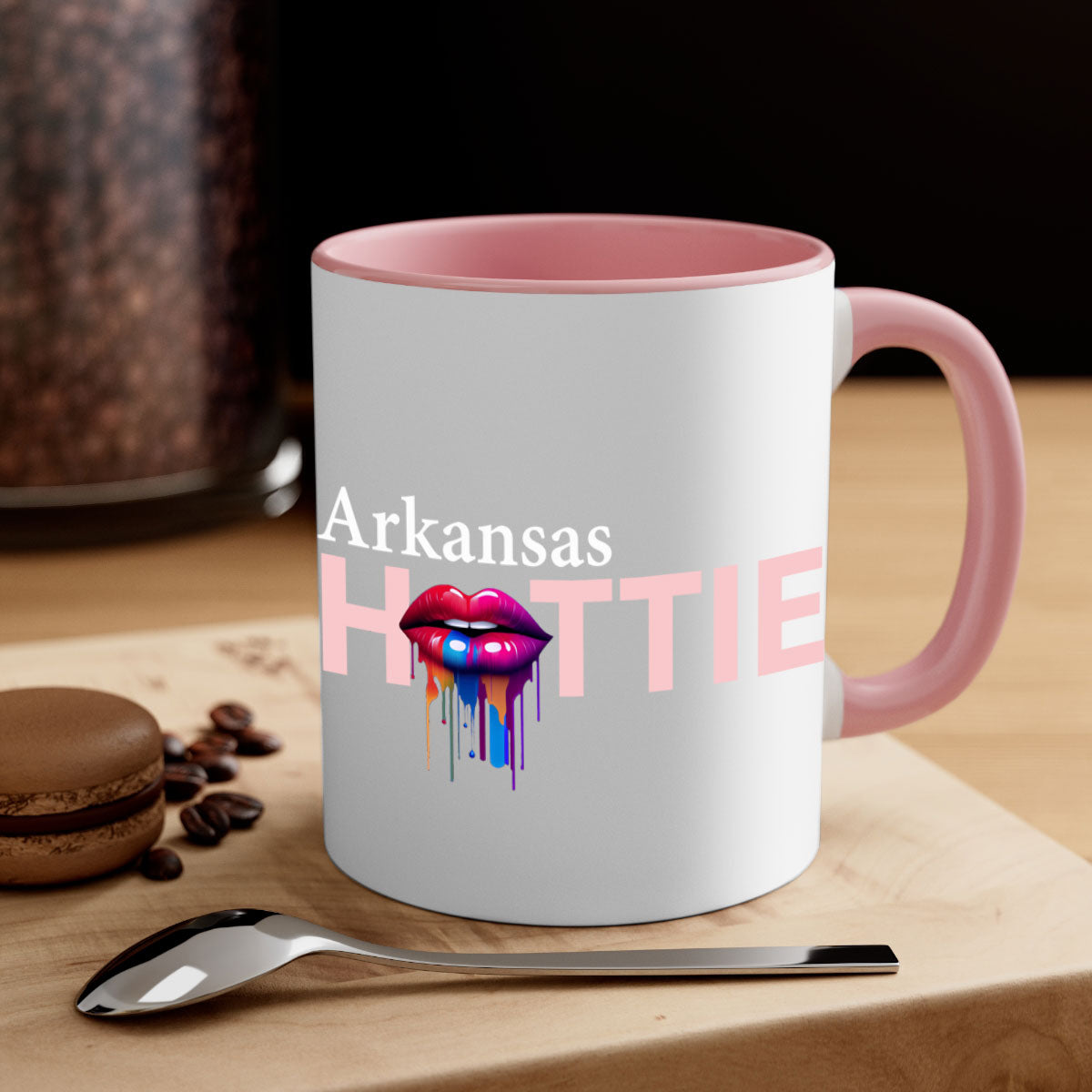 Arkansas Hottie Mug with dripping lips design, featuring a glossy finish and colorful handle, available in multiple sizes.