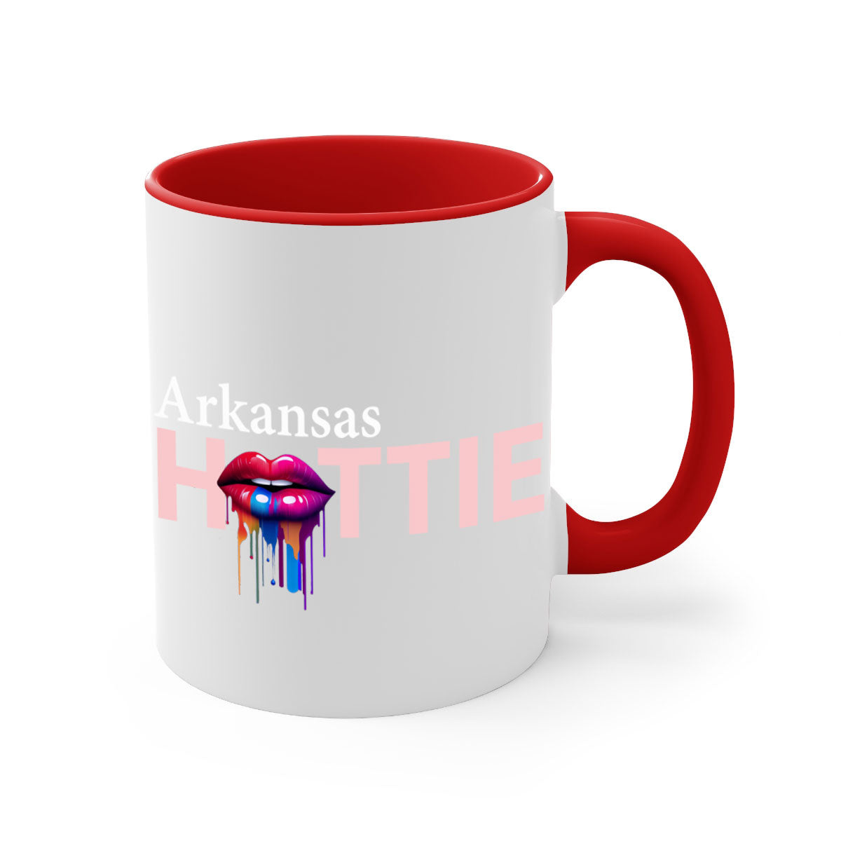 Arkansas Hottie Mug with dripping lips design, featuring a glossy finish and colorful handle, available in multiple sizes.