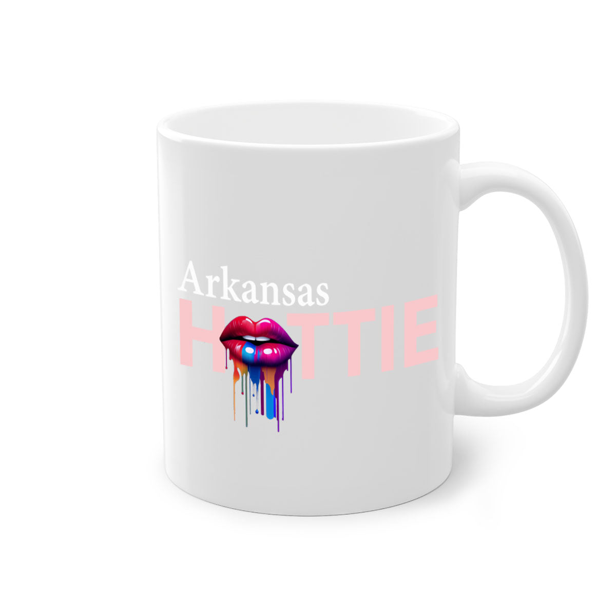 Arkansas Hottie Mug with dripping lips design, featuring a glossy finish and colorful handle, available in multiple sizes.