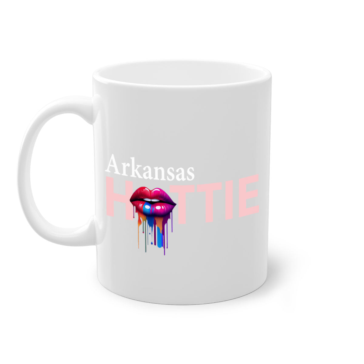 Arkansas Hottie Mug with dripping lips design, featuring a glossy finish and colorful handle, available in multiple sizes.