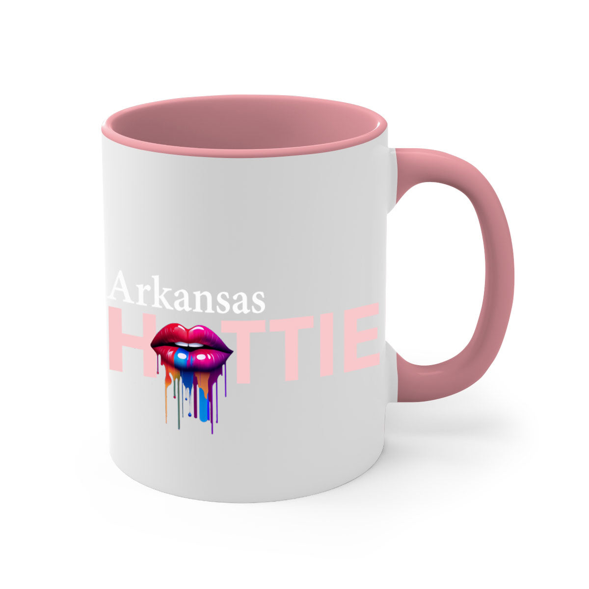 Arkansas Hottie Mug with dripping lips design, featuring a glossy finish and colorful handle, available in multiple sizes.