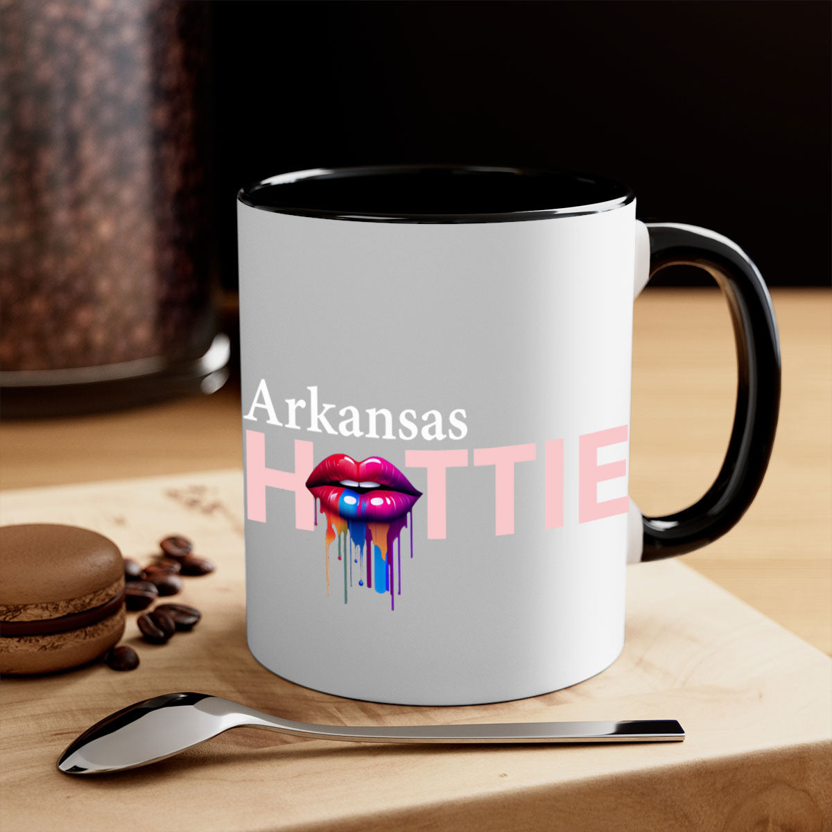 Arkansas Hottie Mug with dripping lips design, featuring a glossy finish and colorful handle, available in multiple sizes.