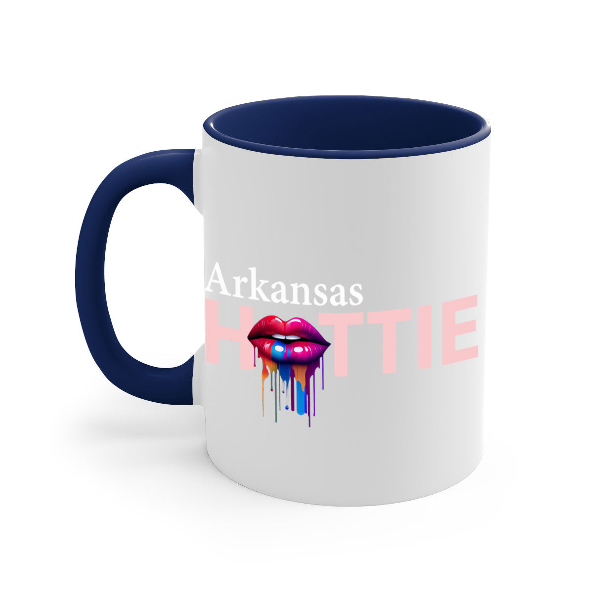 Arkansas Hottie Mug with dripping lips design, featuring a glossy finish and colorful handle, available in multiple sizes.