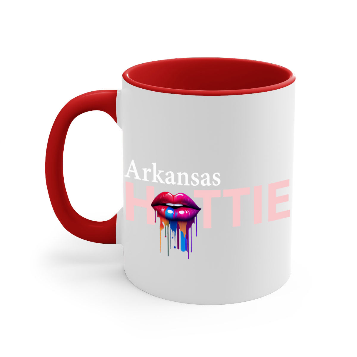 Arkansas Hottie Mug with dripping lips design, featuring a glossy finish and colorful handle, available in multiple sizes.