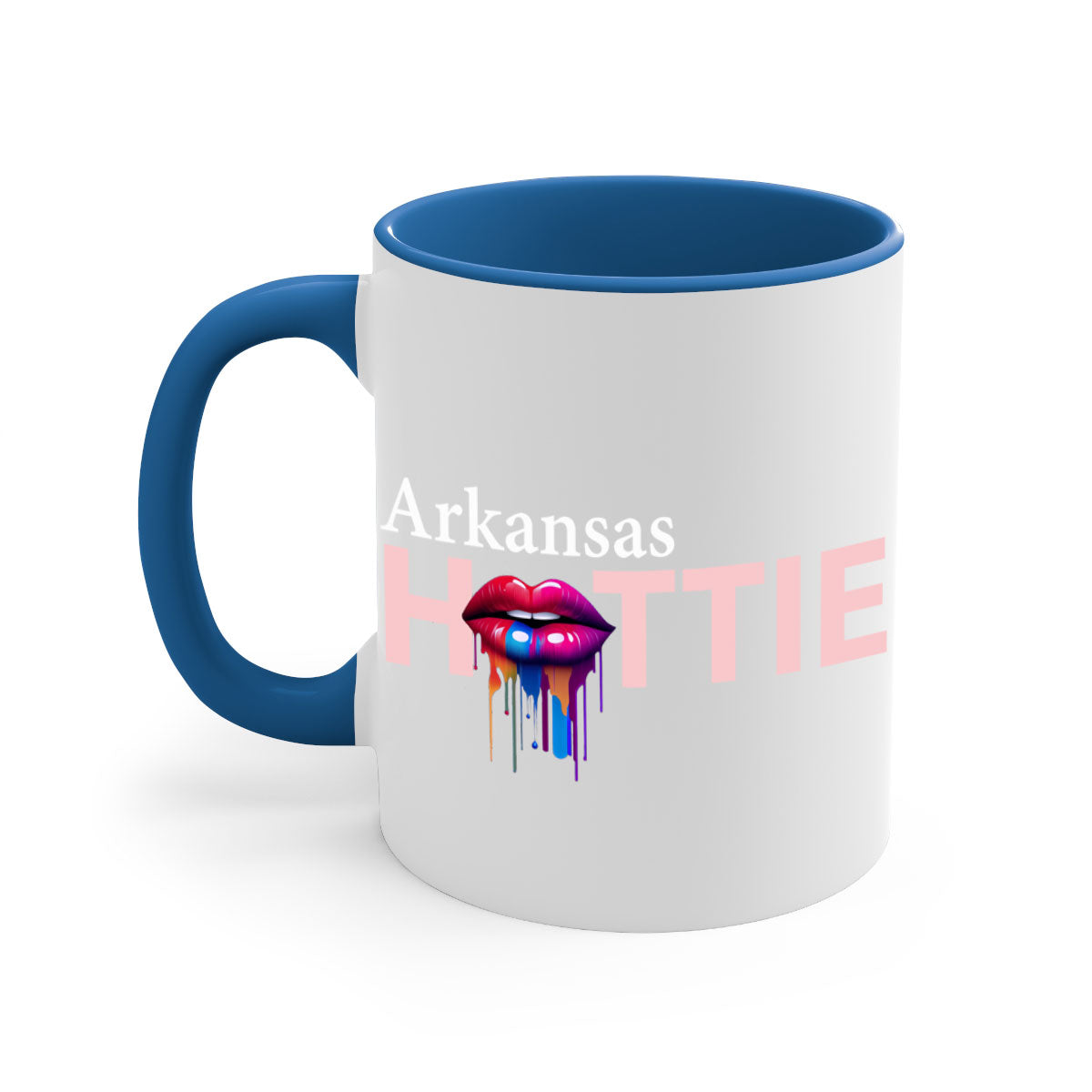 Arkansas Hottie Mug with dripping lips design, featuring a glossy finish and colorful handle, available in multiple sizes.