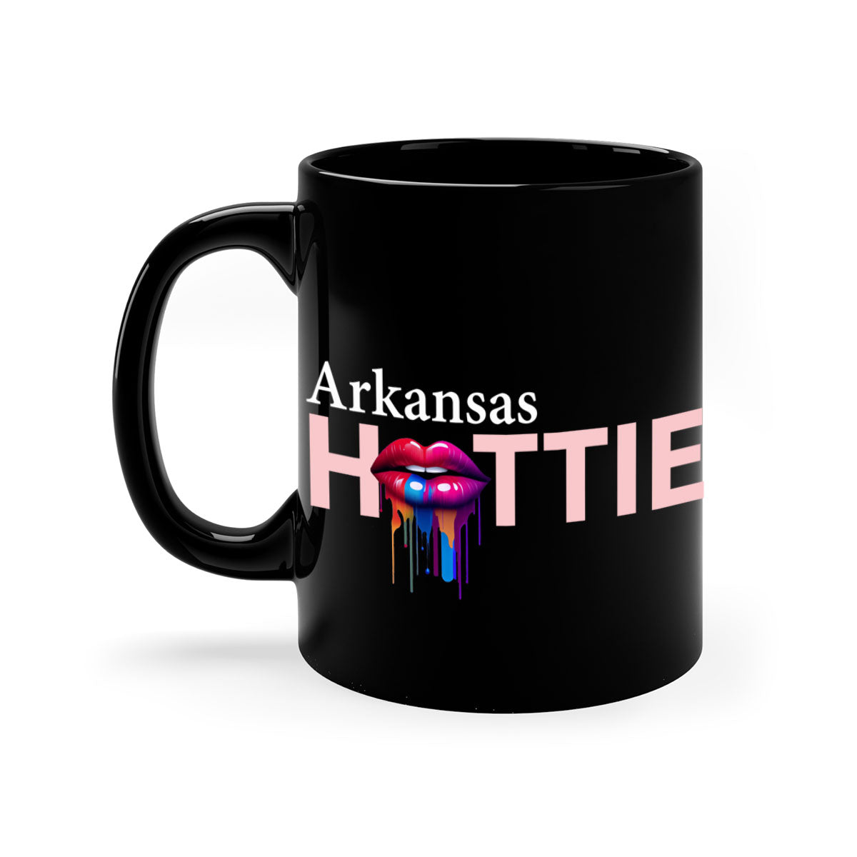 Arkansas Hottie Mug with dripping lips design, featuring a glossy finish and colorful handle, available in multiple sizes.