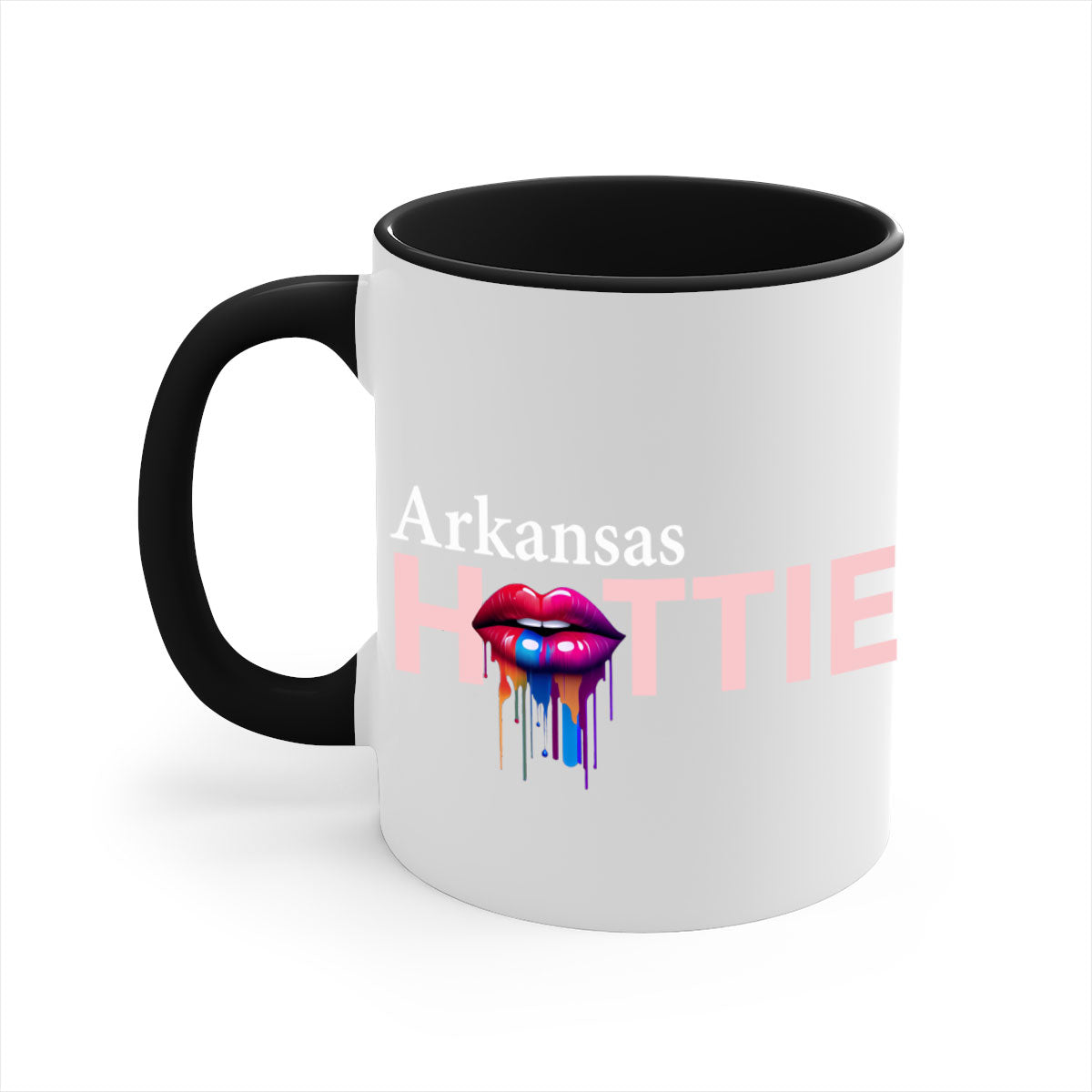 Arkansas Hottie Mug with dripping lips design, featuring a glossy finish and colorful handle, available in multiple sizes.