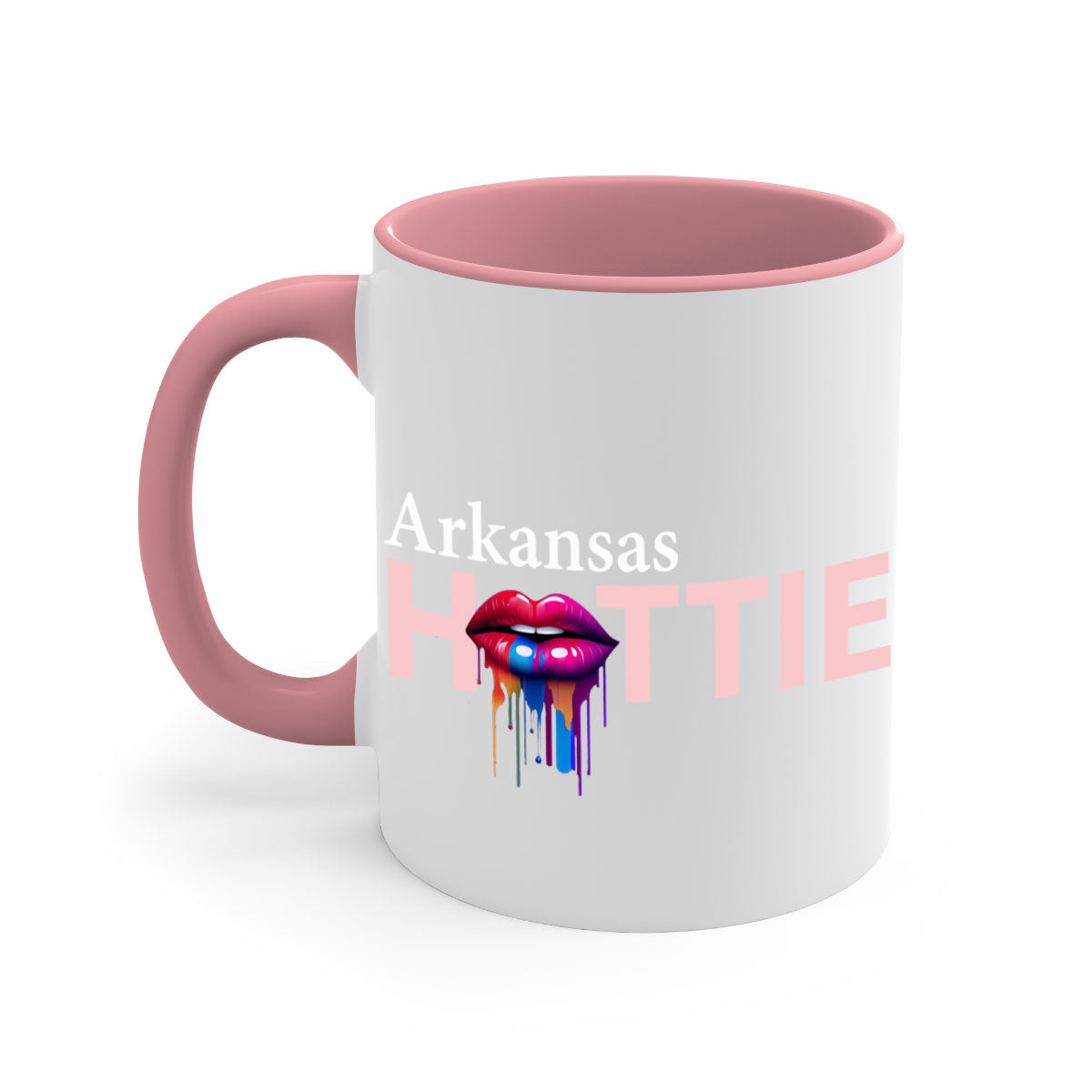 Arkansas Hottie Mug with dripping lips design, featuring a glossy finish and colorful handle, available in multiple sizes.