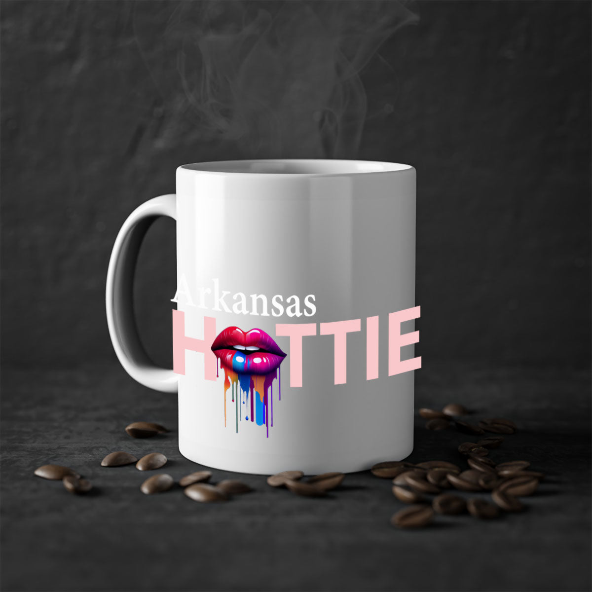 Arkansas Hottie Mug with dripping lips design, featuring a glossy finish and colorful handle, available in multiple sizes.