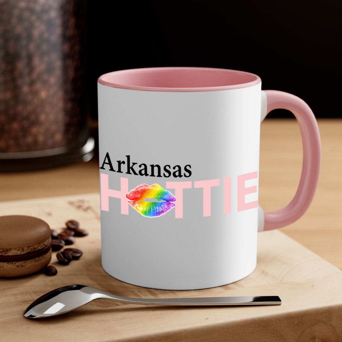 Arkansas Hottie Mug featuring rainbow lips design with a glossy finish and colored handle.