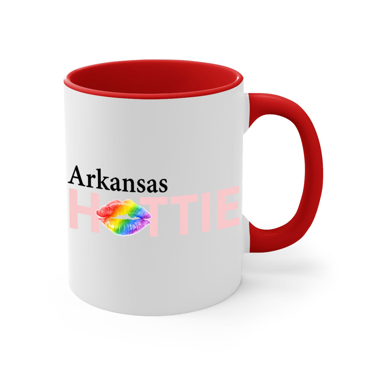 Arkansas Hottie Mug featuring rainbow lips design with a glossy finish and colored handle.